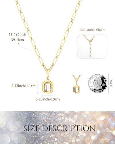 Cubic Zirconia Necklace for Women 14k Gold Plated Paperclip Chain Cz Pendant Necklaces Dainty Square Crystal Trendy Jewelry Gift