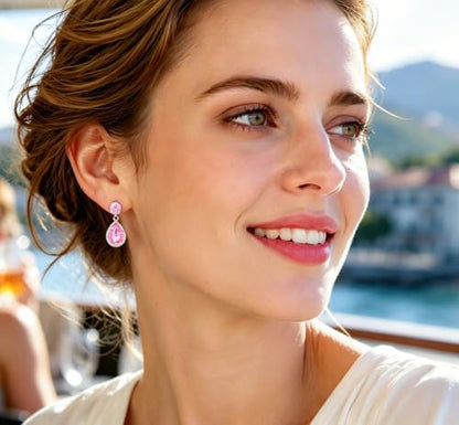 Drop Dangle Earrings Teardrop Gemstone Waterdrop White Gold Plated Crystal Hanging Cubic Zirconia Ruby Sapphire Emerald Jewelry Gift for Women Mother Wife - color: Pink