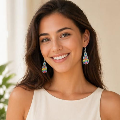 Bohemian Crystal Teardrop Dangle Earrings, Copper, Tribal Geometric Design, Handmade National Style for Women - color: Rainbow