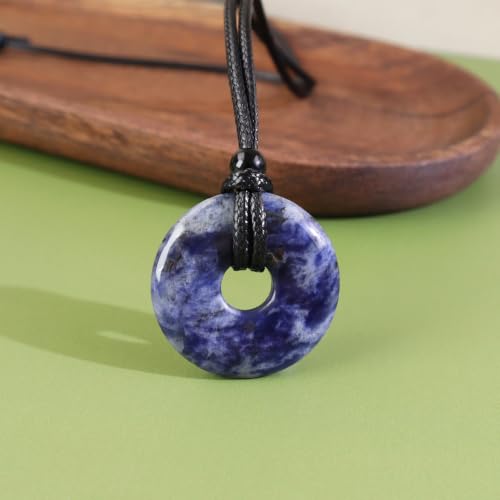 FANASY Natural Gemstone Pendant Necklce Lucky Coin Crystal Necklace Protection Donut Pendnat with Adjustable Rope for Men Women - color: Blue Jasper