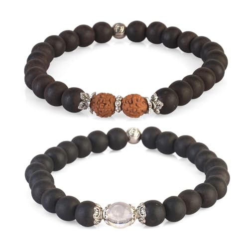 Avoirr 2 Bracelet Set – 8mm Karungali/Ebonywood with Clear Quartz Beads-Rudraksha & Karungali Bracelet | Handcrafted Spiritual Meditation Bracelet | Traditional Energy Balance & Protection Beads | Unisex – Handmade Natural Wooden & Crystal Bracelets for M