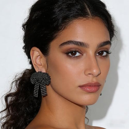 Rhinestone Earrings Dangling for Women Sparkly Silver Dangle Earrings Girls Long Chandelier Earrings Tassel Lightweight Ear Studs Cubic Zirconia (KE001S-W) - color: Bow BXE013BK