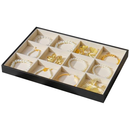 Large Jewelry Organizer Tray, Stackable Jewelry Storage Holder PU Leather Velvet Jewellery Display Case for Stud Earring Bracelet Necklace Ring (Black Beige, 12 Grids) - color: Black Beige