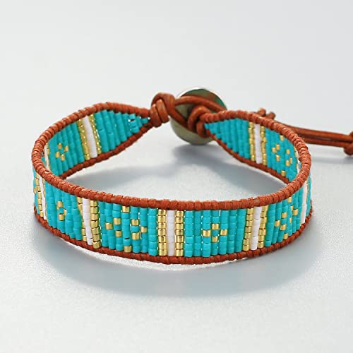 KELITCH Women Pearls Friendship Bracelets Handmade Blue Seed Bead Leather Wrap Bracelet Fashion Jewelry - color: A