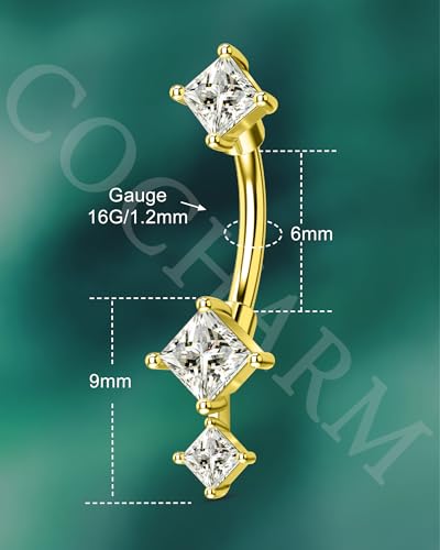 16G Rook Earrings Square Zirconium Eyebrow Rook Piercing Jewelry Stainless Steel Vertical Lip Jewelry Belly Button Ring - color: YG-6MM
