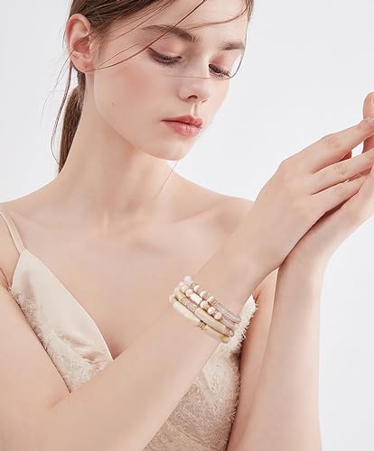 LALAPPLE Gold Plated Beaded Acrylic Bamboo Tube Bangle Bracelets for Women, Colorful Chunky Curved Tube With Gold Plated Pieces Beads Stretch Bracelet Friendship Summer Beach Jewelry - color: X-Beige Set
