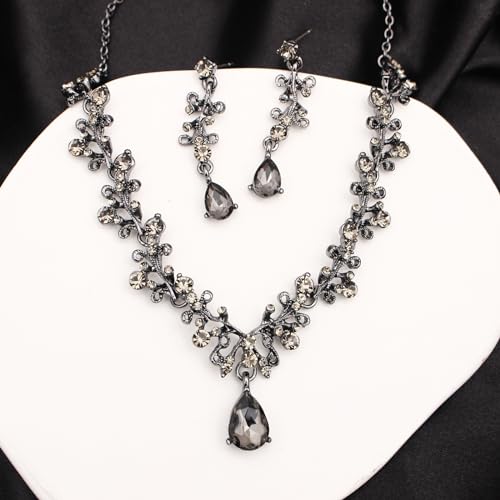 3Pcs Austrian Crystal Jewelry Set for Women, Necklace Dangle Earrings Link Bracelet Jewelry Set with Gold/Platinum/Gun Plated, Wedding Party Jewelry for Bridal Bridesmaid - color: Black Diamond-Jet