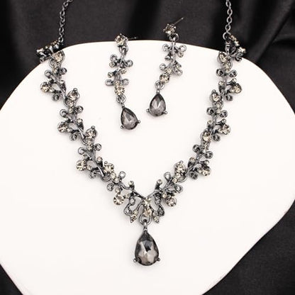 3Pcs Austrian Crystal Jewelry Set for Women, Necklace Dangle Earrings Link Bracelet Jewelry Set with Gold/Platinum/Gun Plated, Wedding Party Jewelry for Bridal Bridesmaid - color: Black Diamond-Jet