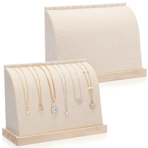 RattanView 2 Pieces Cambered Wooden Necklace Display Stand with Soft Mat Necklace Holder Jewelry Display for Vendors Home Boutique Countertop Pendant Chain Chokers Organizer Pendant (Flaxen,Linen) - color: Flaxen