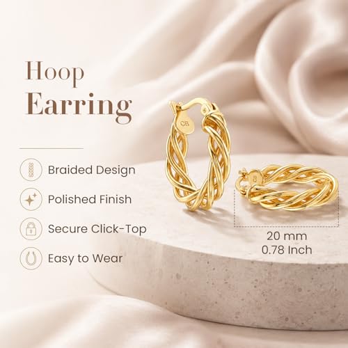 Twisted Hoop Earrings for Women - 14K Gold Plated Braided Hoop Earring | Hypoallergenic Lightweight Twisted Rope Round Hoop Earring | Waterproof Earrings for Women Trendy 20MM