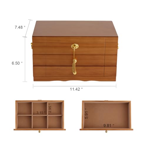 FEECOZ Wooden Jewelry Box Organizer with 2 Drawers, Lock and Key, Multiple Compartments for Rings, Necklaces, Bracelets, Jewelry Boxes for Women