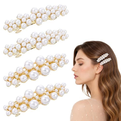 4PCS Pearl French Barrettes for Wedding, Bridal Prom | Elegant pearl hair clips| dainty accessory for women & girls |secure grip, all-day hold| ideal for birthday