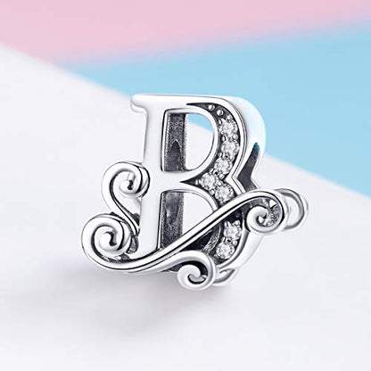 BISAER 925 Sterling Silver Initial Letter A-Z Charms for Bracelets Alphabet Beads Charm Jewelry Gifts - color: Letter B