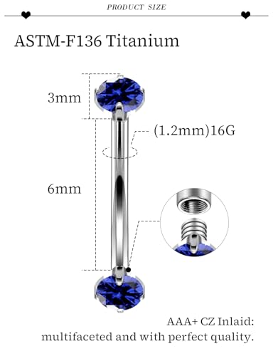 16G Astm F136 Titanium Eyebrow Piercing Jewelry Curved Barbell Eyebrow Ring Vertical Labret Lip Jewelry Daith Rook Earrings Navel Small Belly Button Ring Piercing Jewelry for Women Men CZ - style: 16G, 6MM Length, Blue CZ