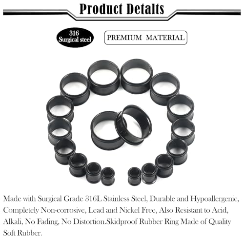 12G-25mm Single Flare Gauges Tunnels Plugs Stretching Set Kit 316L Surgical Steel Gauges Tunnle Plug for Ears 12G 10G 8G 6G 4G 2G 0G 00G 12mm 14mm 16mm 18mm 20mm 22mm 25mm - color: Black Tone, size: 6G(4.0mm)-18mm