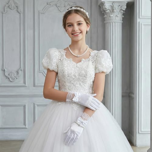 Marrywindix 4 Pcs Pearl Necklace Set Tea Party Gloves Pearl Necklace Bracelet Earring for Wedding Christmas Party Cosplay Accessories