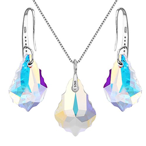 EleQueen 925 Sterling Silver CZ Baroque Drop Pendant Necklace Dangle Earrings Set Made with Austrian Crystal, Valentine's Day/Mother's Day/Christmas Jewelry Gift - color: Iridescent Aurora Borealis