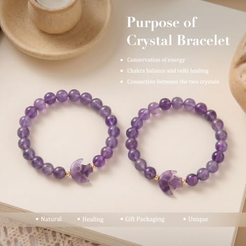 TUMBEELLUWA Half Moon Star Crystal Bracelet for Women Men | 8mm Beads Healing Crystal Bracelets, Elastic Stretch Design, Dainty Boho Celestial Jewelry, Daily Wear & Spiritual Gift