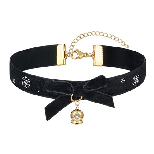 FOSIR Velvet Choker for Slender Neck, 14k Gold Plated Sainless Steel Heart/Snowman/Deer/Hat/Tree/Bell/Pendant Collar Necklace for Women, Adjustable Soft Skin-Friendly Velvet Jewelry Gifts - color: Black Choker- Bell