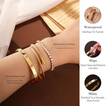 JUNVirtuous 3-Pack Gold Bracelets for Women,18K Gold Plated Bangle Tennis Bracelets Stack Set for Women Trendy Non Tarnish Stainless Steel Gold Bangles Accessories Designer Jewelry Pulseras Para Mujer