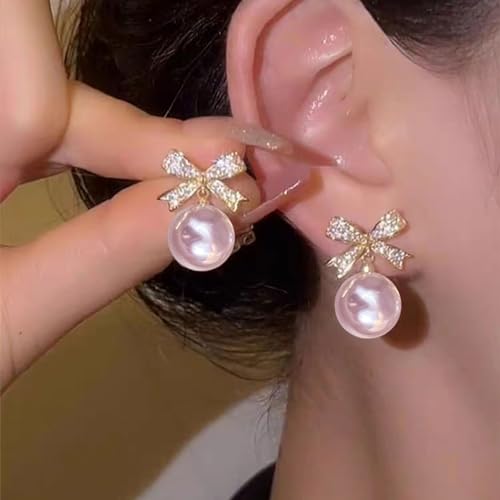 Pearl Bow Earrings for Women Coquette Aesthetic Jewelry Rhinestone Bow Earrings for Bridesmaids Wedding Party Accessories Bridal Costume Accents Bowknot Themed Gifts - color: A2: Bow Earrings Pink Pearl