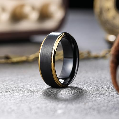 King Will Mens Brushed Wedding Band, Two Tone Matte Step Edges/Pipe Cut, Tungsten Carbide Anniversary Promise Rings Comfort Fit - color: Black&Gold Edge-8mm