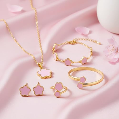 Clover Jewelry Set for Women Non Tarnish Gold-Tone Five Leaf Clover Necklace, Earrings, Ring, Bracelet Fashion Simple Floral Jewelry Set - color: Pink