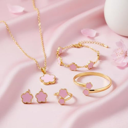 Clover Jewelry Set for Women Non Tarnish Gold-Tone Five Leaf Clover Necklace, Earrings, Ring, Bracelet Fashion Simple Floral Jewelry Set - color: Pink