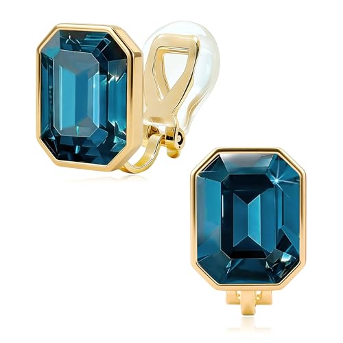 Octagon Austrian Crystal Non Pierced Clip On Earrings for Women | 14K Gold-Plated,Silicone Comfort Pad,Great for Unpierced Ears, Gift Box Included,Brighten Up Daily Outfits - color: Dark Blue