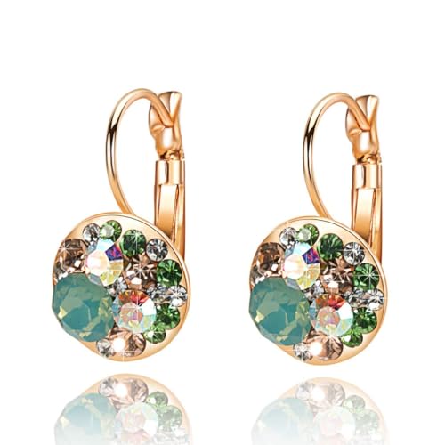 Multicolored Austrian Crystal Leverback Earrings for Women 14K Gold Plated Dangle Hoop Earrings Hypoallergenic Jewelry - color: Green Opal+Aurora Borealis Crystal
