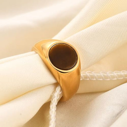 MYNENEY Stainless Steel Round Statement Pinky Signet Rings for Men Women - color: Cat's eye-Gold