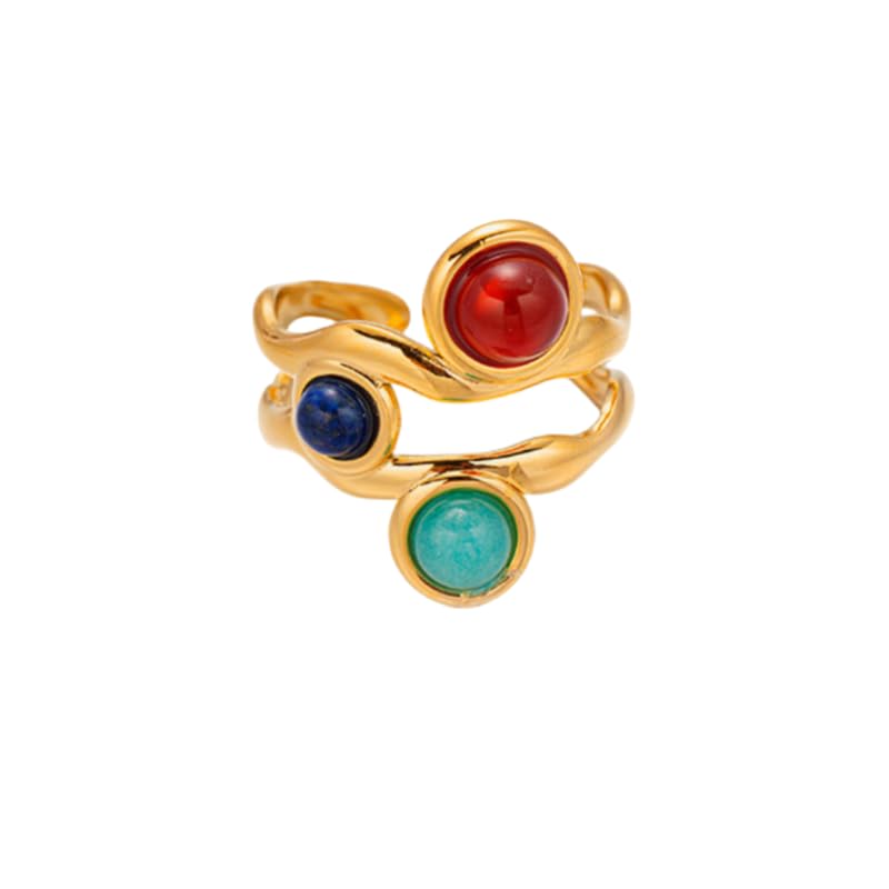 Gold Statement Ring, Vintage Adjustable Natural Stone Ring with Lapis Lazuli, Red Agate, Amazonite, Boho Jewelry for Women