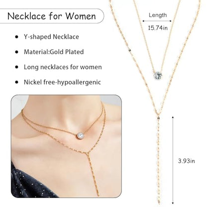 Necklace for Women, Dainty Long 14K Gold Y-Shaped Necklace Jewelry Trendy Beaded Layered Chain Drop Necklaces Jewelry Women Gifts - style: Flash Diamond-23