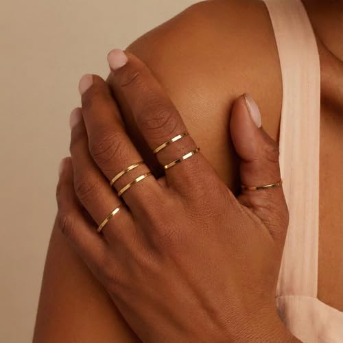 ALEXTINA 1mm Stainless Steel Stacking Rings for Women Thin 14K Gold Plated Band Rings Non Tarnish Stackable Knuckle Rings Thumb Pinky Midi Rings Comfort-Fit Size 4/5/6/7/8/9 - style: Flat