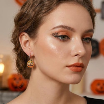 Sonateomber Christmas Tree Dangle Small Gold Hoop Earrings for Women, Cute Sparkly CZ Rhinestone Maple Clover Leaf Drop Earings Thanksgiving Holiday Accessories Fashion Jewelry Gift - color: Halloween Pumpkin
