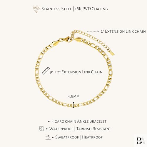 Stainless Steel Chain Ankle Bracelet for Women Adjustable Waterproof Anklet - color: Gold / 4.8mm Figaro