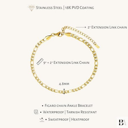 Stainless Steel Chain Ankle Bracelet for Women Adjustable Waterproof Anklet - color: Gold / 4.8mm Figaro