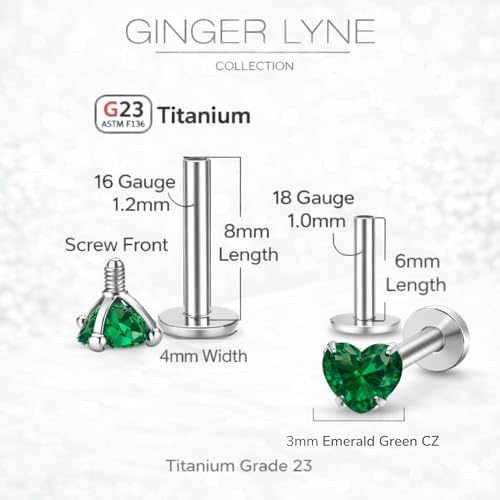 Titanium Heart CZ Labret Stud Earrings for Piercings by Ginger Lyne 6Pc Set G23 Screw Front Flat Back Body Jewelry 2 pair post 6mm, 8mm Cartilage, Helix, Tragus, Lip, Conch, Lobe - color: 3mm-DkGreen