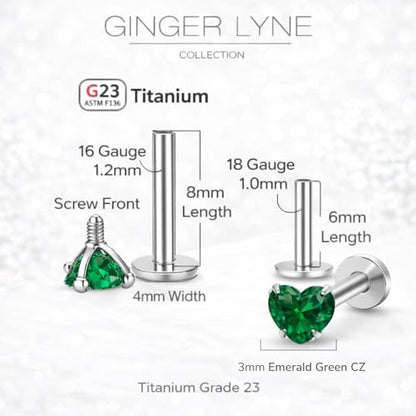 Titanium Heart CZ Labret Stud Earrings for Piercings by Ginger Lyne 6Pc Set G23 Screw Front Flat Back Body Jewelry 2 pair post 6mm, 8mm Cartilage, Helix, Tragus, Lip, Conch, Lobe - color: 3mm-DkGreen