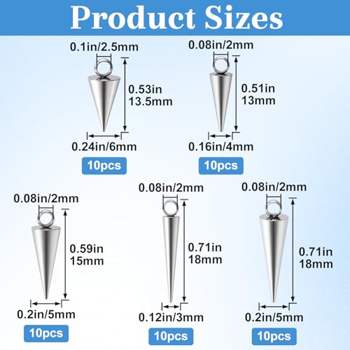 Cone Charm, Punk Style Spike Pendants with Small Hole, Glossy Gothic Dangle Cone Pendants Charm - color: Silver,Stainless Steel,50pcs,5 sizes