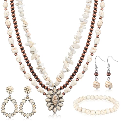 Tondiamo 4 Pcs Western Jewelry for Women Necklace Earrings Bracelet White Western Turquoise Jewelry Sets Boho Vintage Accessories for Cowgirl Gift Dresses