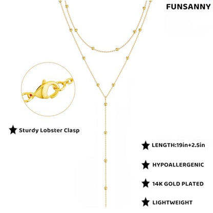 Lariat Necklaces for Women - Dainty Long Necklace Trendy 14K Gold Plated Hypoallergenic Layered Long Y-Shape Sunburst CZ T-Bar Pendant Drop Chain Necklace Set for Women Non Tarinsh Jewelry - style: layered bead chain-gd
