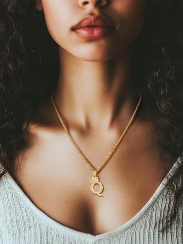 U7 Crown Initial Necklace Men Women, Bling Diamond A-Z 0-9 Letter Pendant with Wheat Chain, Silver/Black/Gold Plated CZ Alphabet Number Hip Hop Jersery for Father Husband - color: a. Gold, size: 17. Q