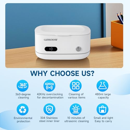 LessChore® Ultrasonic Jewelry Cleaner with Polishing Cloth&Degas, 42000Hz Portable Household Sonic Cleaner. Ideal for Cleaning of Rings, Earrings, Necklaces, Glasses&More. Gift for Women, Mom, Wife