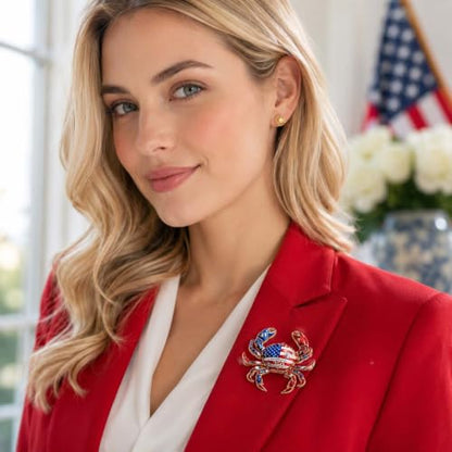 Butterfly American Flag Brooch Pin for Women Sparkly Crystal Red Blue Butterflys Brooches Pins Colorful Enamel Butterfly Statement Pin Patriotic Jewelry Accessorie Gifts - color: RedCrab