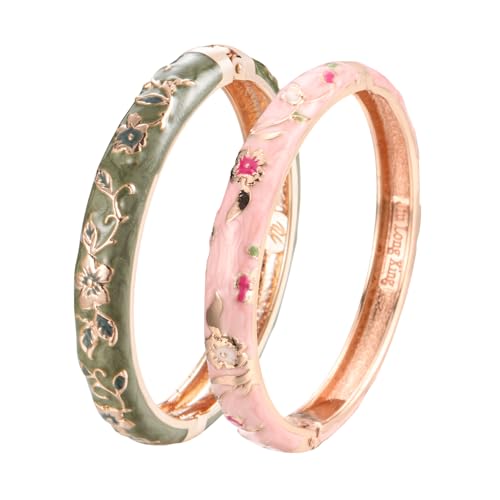 UJOY Cloisonne Bracelet Butterfly Hinge Indian Cuff Bangle Enameled Jewelry Flower Bracelets for Women Gift Box 55A114 - color: 2 Pcs/Set-A82-Green and Pink