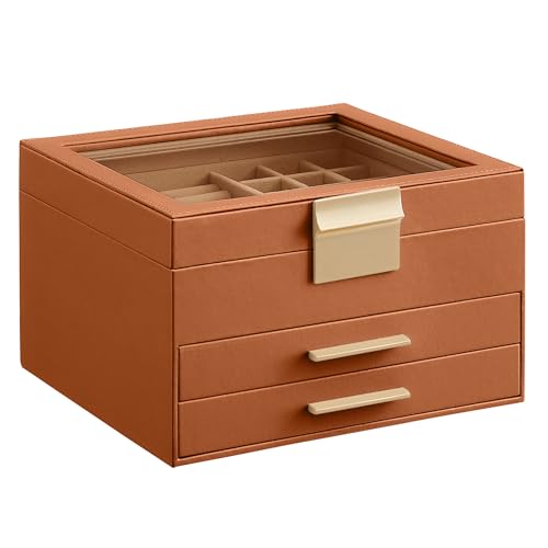 SONGMICS GISELLA Collection - Jewelry Box Organizer, 3-Layer Jewelry Storage with 2 Drawers, Shiny Metal Hardware, Glass Lid, Modern, 8 x 9.1 x 5.3 Inches, Caramel Brown and Gold UJBC239K01 - color: Caramel Brown + Gold, size: 3 Layer (8"d X 9.1"w)