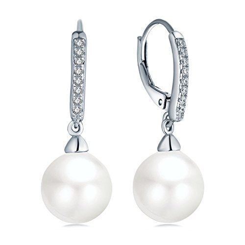 JO WISDOM 925 Sterling Silver Freshwater Pearl Hoop Earrings with Dangle Real Pearl,Simulated Pearls - color: D-10mm white pearl-2