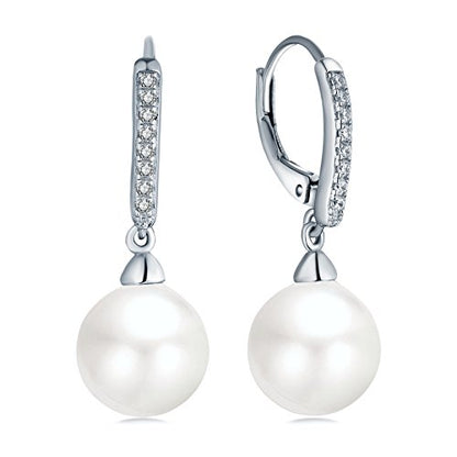 JO WISDOM 925 Sterling Silver Freshwater Pearl Hoop Earrings with Dangle Real Pearl,Simulated Pearls - color: D-10mm white pearl-2