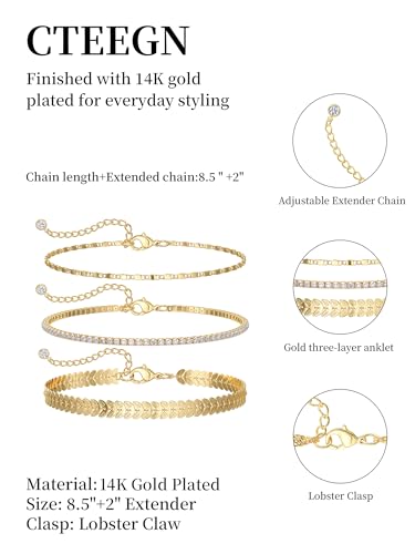 14K Gold/Silver Plated Anklets for Women Layered Anklet Set | Non Tarnish Waterproof Brass Ankle Bracelet, Adjustable Lightweight Dainty Hypoallergenic Chain, Beach Vacation Summer Gift - style: Style1
